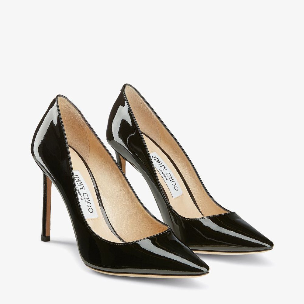Jimmy Choo Romy 100 Black Patent Leather Pointy Toe Pumps